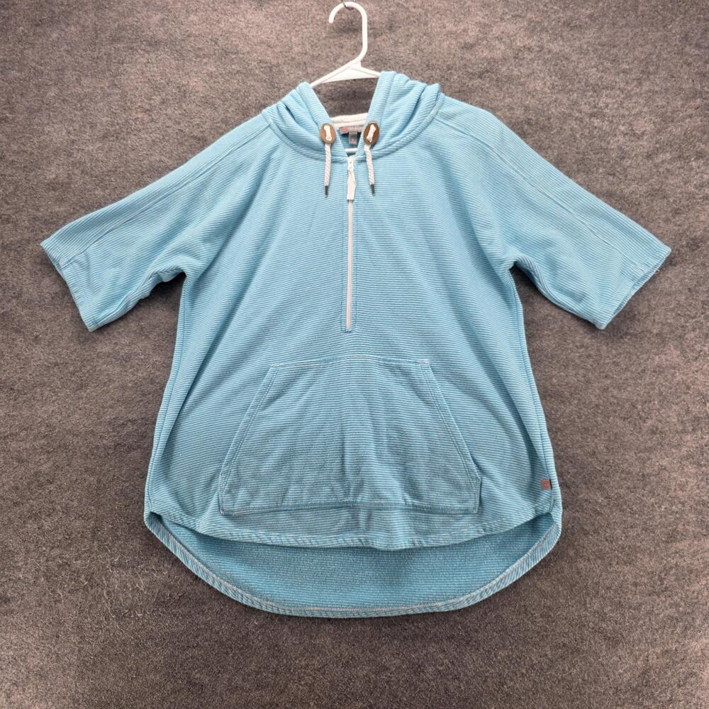 Talbots Hoodie Womens Large Blue Stripe Short Sleeve Half Zip Kangaroo Pocket
